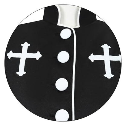 Clergy Robe Set with Cross, Full Length Button-Down, Black with White Trim, Includes Stole and Gold Cross Necklace - color: Black, size: X-Large