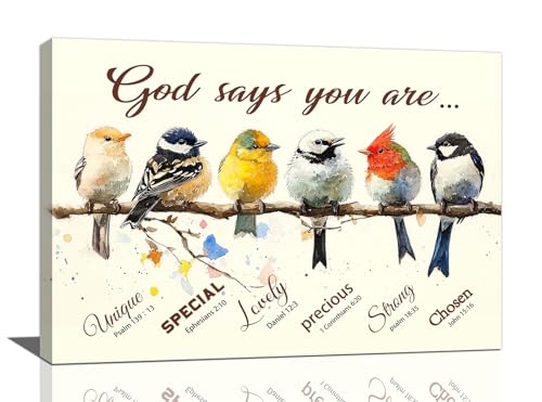 Farmhouse Bird Wall Decor Christian Bible Verse Pictures Wall Art Funny Birds Canvas Print God Says You Are Painting Framed Modern Home Artwork Decorations For Bathroom Bedroom Kitchen Office 24"x16" - color: Cute Birds, size: 24"L x 16"W