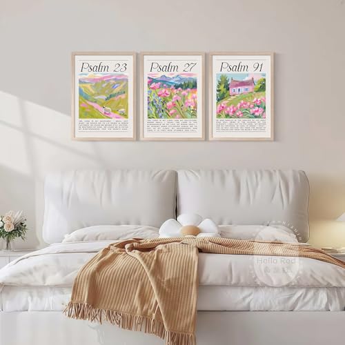 MochaMilly Psalm 23, 27, 91 Bible Print Pink Christian Wall Art Bible Verse Canvas Poster Floral Wall Decor Religious Picture Girls Room Print Bible Poster Set Fashion Preppy Style Bedroom Painting Framed - color: Psalms 23, 27, 91 Scripture Prints, size: