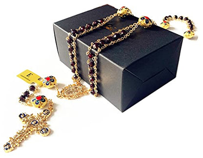 elegantmedical handmade Gold Ladder to Heaven Garnet Beads Catholic Rosary crucifix Necklace box - color: gold