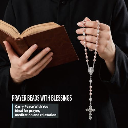 8mm Glass Pearl Rosary - Catholic Necklace for Men and Women Comes in a Metal Gift Box, First Communion Rosary Necklace as Gifts - color: Pink