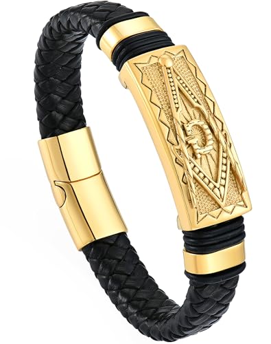 YL Cross Masonic Leather Mens Bracelet, 18K Gold/Black Rhodium Plated Christian Religious 316L Stainless Steel Brown Cuff Handcrafted Jewelry Gifts - color: Masonic A-Gold, size: 8.3"(210mm)