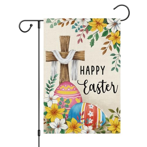 Happy Easter Cross Garden Flag 12x18 Inch Double Sided Burlap Lily Easter Eggs Yard Flags Farmhouse Holiday Outdoor Decor - size: 12*18inch