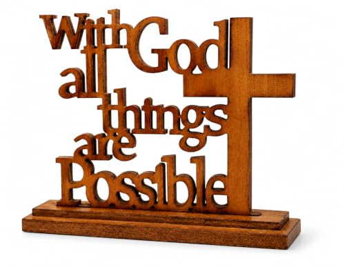 With God All Things Are Possible Wood Plaque – Matthew 19:26 Bible Verse Sign with Stand – Laser-Cut Scripture Cross Decor – 14×11 Inch MDF Walnut Finish – Christian Tabletop Desk Shelf Display Gift