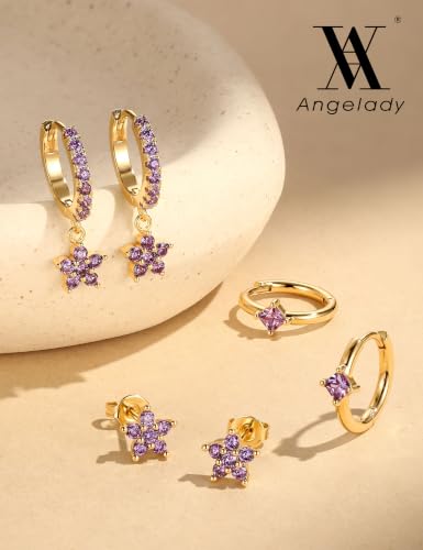Angelady Gold Hoop Earrings Set for Women, Dainty 14K Gold Plated Flower Moon Cross Dangle Earrings, Hypoallergenic Huggie Hoop Earring Stacks, Stud Earrings for Women Trendy Jewelry Gift - color: Gold Purple CZ