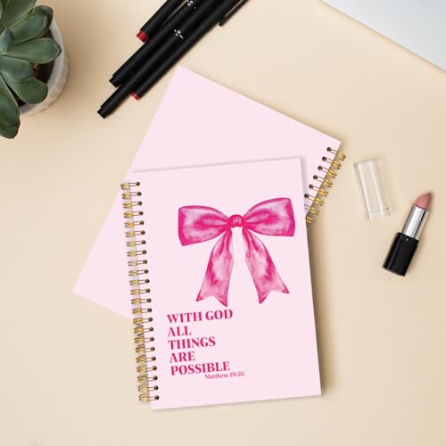 FDHSPAAM Coquette Pink Bow Christian Spiral Journal Notebook 5.5x8.3in, with God All Things Are Possible Inspirational Prayer Journal for Woman, Inspirational Bible Notebooks for Note Taking - color: Bule-Pink Bow