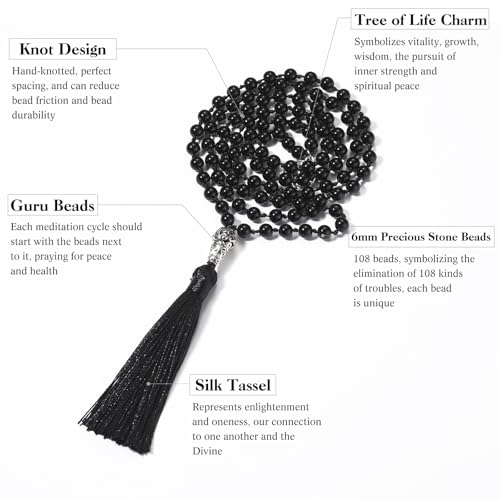 INBLUE 108 Mala Prayer Beads Wrap Necklace with Long Tassel Boho Necklace for Women Amazonite Bead Bracelet with Spiritual Tree of Life Pendant 108 Beads Necklace for Meditation - color: Natural Black Agate