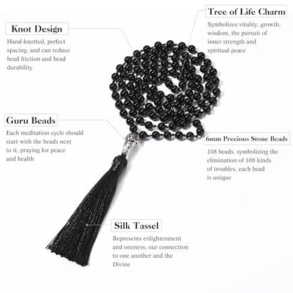 INBLUE 108 Mala Prayer Beads Wrap Necklace with Long Tassel Boho Necklace for Women Amazonite Bead Bracelet with Spiritual Tree of Life Pendant 108 Beads Necklace for Meditation - color: Natural Black Agate