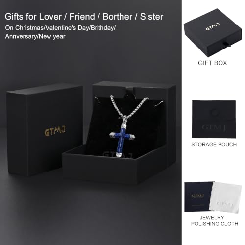 Lapis Lazuli/Amethyst Cross Necklace for Men Waterproof and Sweat-Resistant Suitable for both men and women With Adjustable Box Chain Christian Jewelry Father Day Gifts for Men - color: Blue&Silver