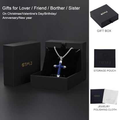 Lapis Lazuli/Amethyst Cross Necklace for Men Waterproof and Sweat-Resistant Suitable for both men and women With Adjustable Box Chain Christian Jewelry Father Day Gifts for Men - color: Blue&Silver
