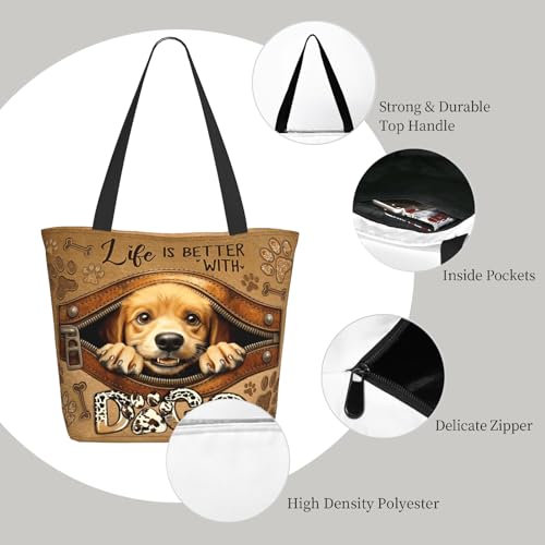Tote Bag For Women, Tote Bag With Zipper Large Shoulder Bag For Women Travel, Work, Office, College, Nursing - color: Dog Lover