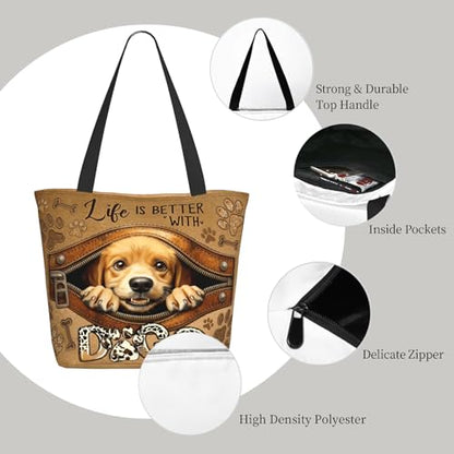 Tote Bag For Women, Tote Bag With Zipper Large Shoulder Bag For Women Travel, Work, Office, College, Nursing - color: Dog Lover