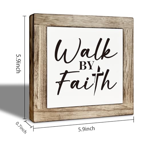 Christian Motivational Wooden Desk Decor Wooden Box Sign, Walk by Faith, Farmhouse Bible Verse Tabletop Sign, Inspirational Religious Faith Decor for Home Office 5.9x5.9 Inches - color: color17