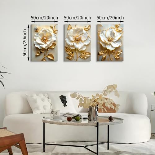 WENGTIAO Modern White Floral Golden Leaves Canvas Wall Art Set 20x28 x3Pcs - color: Flower-golden leaf, size: 20"x28"x3Pcs