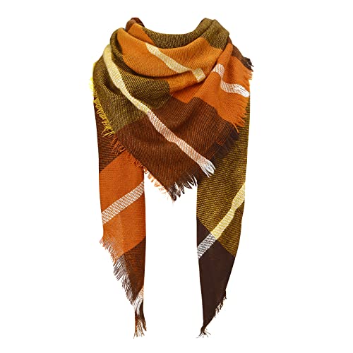 American Trends Scarfs for Women Winter Triangle Scarf Classic Plaid Warm Scarf Soft Scarves Knitted Wrap Shawl - color: Brown & Orange