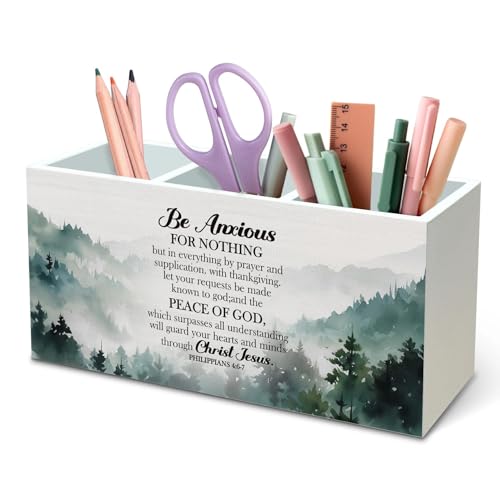 DILSJ Christian Inspirational Pen Pencil Holder Organizer for Desk, Christian Office Decor, Bible Verse Religious Wooden Box Signs for Church Home Office Desk Tabletop Decoration - color: Philippians4:6-7