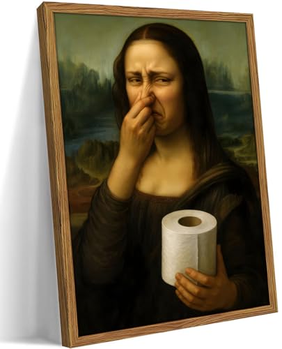 Framed Funny Mona Lisa Bathroom Canvas Wall Art Humor Mona Lisa Pinching Nose Wall Decor Amusing Toilet Artwork Posters Pictures Celebrity Classical Vintage Painting Prints for Washroom Restroom-12×16inch - color: Mona Lisa-B, size: 16"L x 12"W