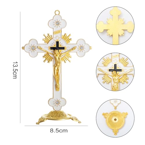 KOMI 5 Inch Catholic Metal Jesus Cross Standing, White Crucifix for Home Decoration, Table Crucifix Religious Gift - color: white-gold