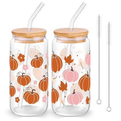 2 Pcs Fall Pumpkin Glass Cup With Lid & Straws Pumpkin Gifts for Women - style: Pumpkin