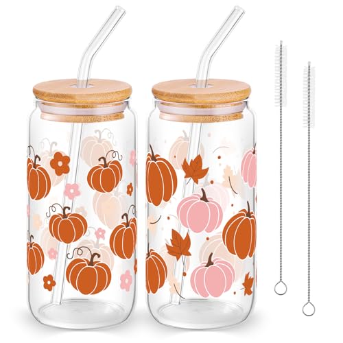 2 Pcs Fall Pumpkin Glass Cup With Lid & Straws Pumpkin Gifts for Women - style: Pumpkin