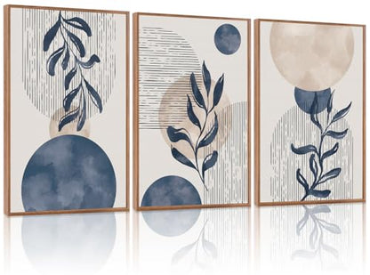 KAIRNE Boho Blue Plant Abstract Geometric Botanical Wall ArtSet-16’’X24’’X3 - color: Blue and White Wall Art, size: 16"Lx24"W
