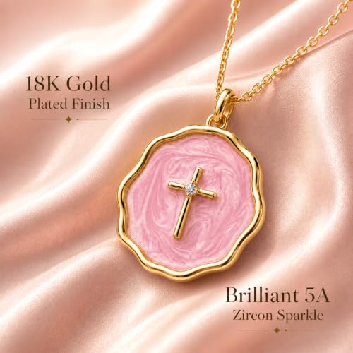 Enamel Cross Necklace for Women 18K Gold Plated Christian Pendant - color: Pink