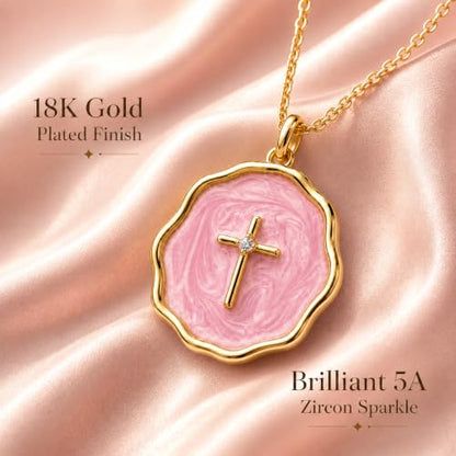 Enamel Cross Necklace for Women 18K Gold Plated Christian Pendant - color: Pink