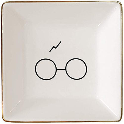Simply Charmed Porcelain Jewelry Ring Holder Tray – Harry Potter Gift, Porcelain Trinket Dish, 4"x4" White with Golden Glaze, Jewelry Organizer - style: Wizard