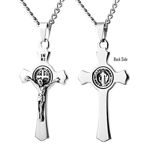 HZMAN Stainless Steel St. Benedict Crucifix Cross Necklace for Men - color: Standard Silver