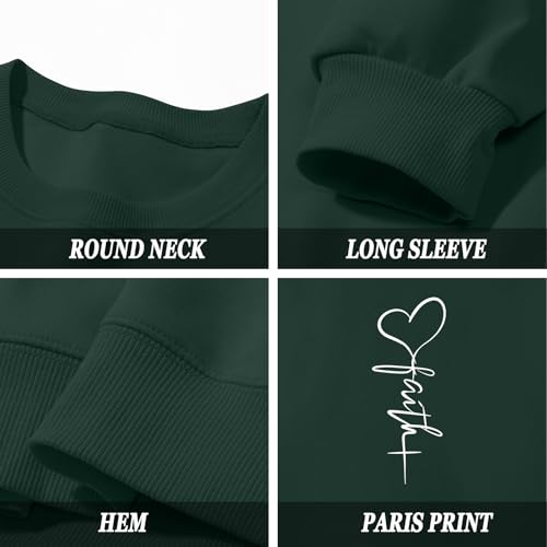 KIEKIECOO Faith Christian Sweatshirts for Women Religious Crewneck Sweatshirt Letter Print Fall Pullover Long Sleeve Tops - color: Green, size: X-Large
