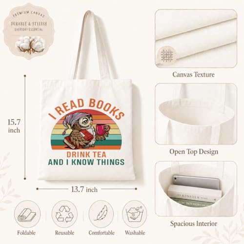 Reusable Canvas Grocery Bags, I Read Books Drink Tea And I Know Things, Funny Reusable Grocery Tote Bag, Aesthetic Bags, Canvas Tote Bag Gifts for Women Teacher - color: Style 19
