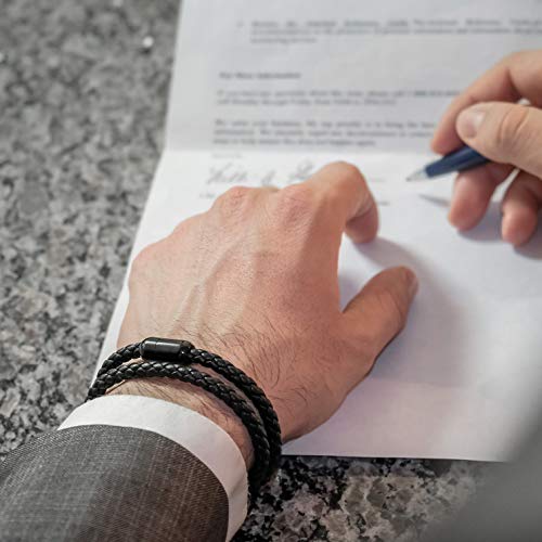 globi Leather Bracelet For Men | Genuine Wrap Braided Leather Cuff Bangle Bracelet with Magnetic Stainless Steel Clasp For Men/Women - color: Black