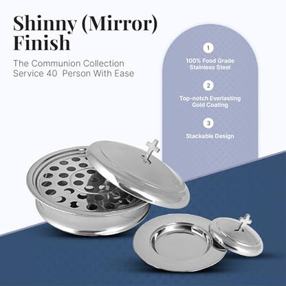 Communion Set for Church - One Communion Tray & One Bread Plate with Lid - color: Shiny (Mirror) Finish