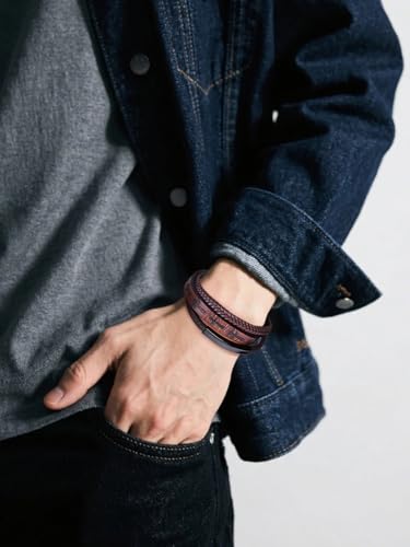 Mens Leather Cross Bracelet Multilayer Braided Wristband Bangle Bracelets with Stainless Steel Buckle Religious Gift for Men Brown/Black/Blue–8.3 inch - color: Brown-2, size: 9in(Fits larger wrists)