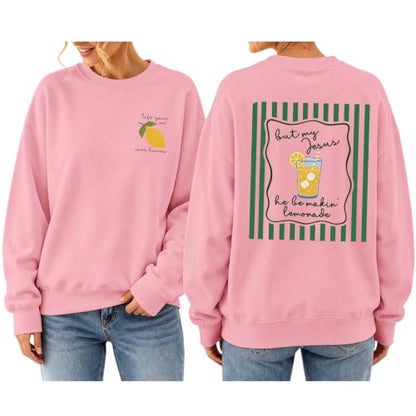 BINTEHGS Christian Sweatshirts For Women My Jesus Making Lemonade Graphic Faith Crewneck Pullover Religious Long Sleeve Shirt - color: Pink, size: X-Large