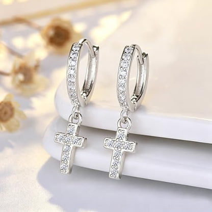 Cross Dangle Hoop Earrings for Women with CZ Stones - color: Silver