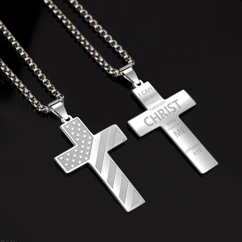 American Flag Cross Necklace for Men, Christian Confirmation Baptism Gifts - color: Silver, style: Philippians 4:13