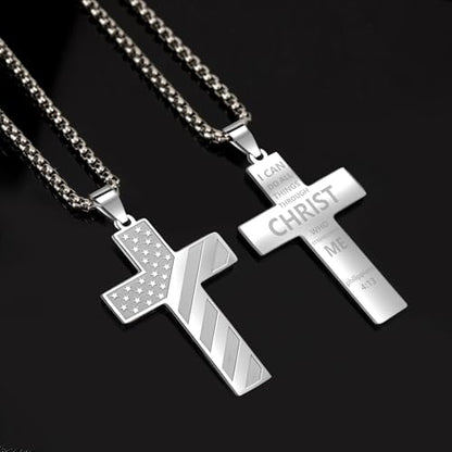 American Flag Cross Necklace for Men, Christian Confirmation Baptism Gifts - color: Silver, style: Philippians 4:13