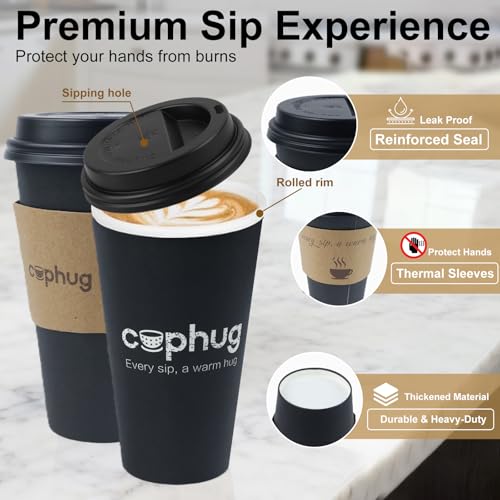 16oz Disposable Coffee Cups with Lids, Kraft Sleeves & Straws, 100 Pack Black Paper Hot Drink Cups - color: Black, size: 16oz-100Pack
