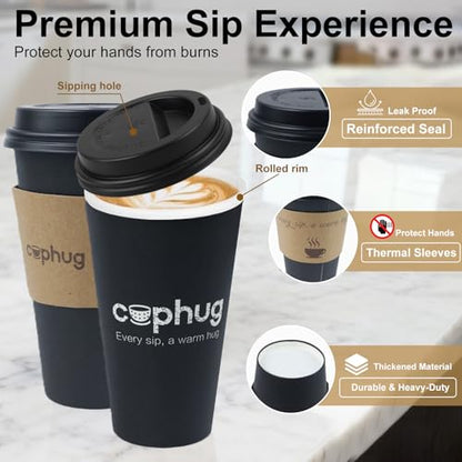 16oz Disposable Coffee Cups with Lids, Kraft Sleeves & Straws, 100 Pack Black Paper Hot Drink Cups - color: Black, size: 16oz-100Pack
