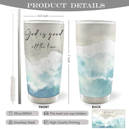 Coastal Beach Christian 20oz Travel Coffee Mug Tumbler, Christian Gifts for Women Men, God Is Good All the Time Bible Verse Stainless Steel Tumbler with Lid and Straw - color: good