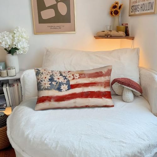 American Flag Floral Patriotic Pillow Covers 12x20 Inch - color: White-flower