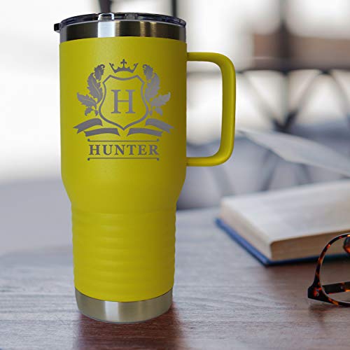 The Wedding Party Store Custom Personalized 20 oz Stainless Steel Powder Coated Vacuum Insulated Double Walled Travel Tumbler Coffee Mug with Handle and Lid (Yellow) - color: Yellow