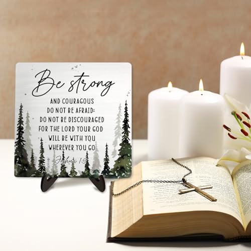 Bible Verse Sign, Christian Sign, Table Art Signs,Wooden Sign Desk Decor, Positive Home Decor,Be Strong and Conrageons Wood Plaque Gift for Women&Men,5.9x5.9inch (JOSHOA 1:9 Forest)
