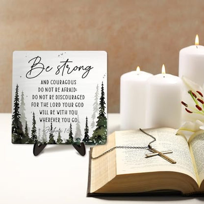 Bible Verse Sign, Christian Sign, Table Art Signs,Wooden Sign Desk Decor, Positive Home Decor,Be Strong and Conrageons Wood Plaque Gift for Women&Men,5.9x5.9inch (JOSHOA 1:9 Forest)