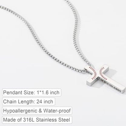 Baseball Bible Verse Cross Necklace for Boys Men, Stainless Steel Cross Pendant Baseball Game Day Christian Religious Jewelry Gifts for Teen Boys Kids - color: Silver, style: MATTHEW 28:20