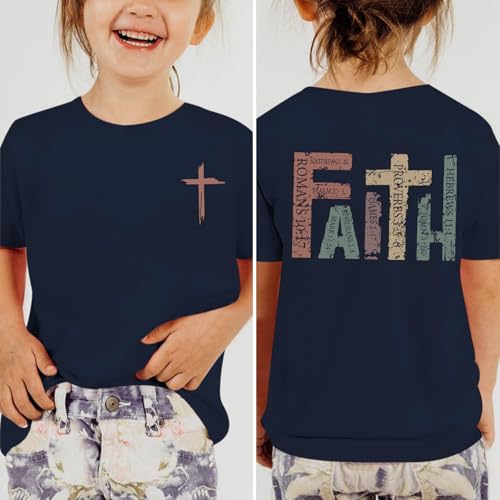 Jesus Shirt for Girls Christian Faith Tshirts Kids Cute Bible Verse Graphic Tees Inspirational God Religious Clothes - color: Navy Blue, size: 11-12 Years