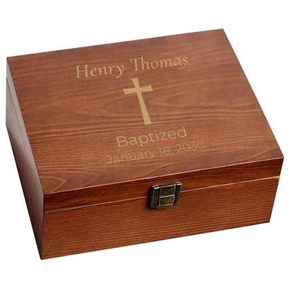 Custom Wooden Keepsake Box, Baptism Cross Name And Date, Religious