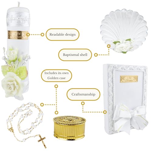 Complete Baptism Candle Set Unisex 5 pc | Baptism kit Catholic with Rosary - color: White