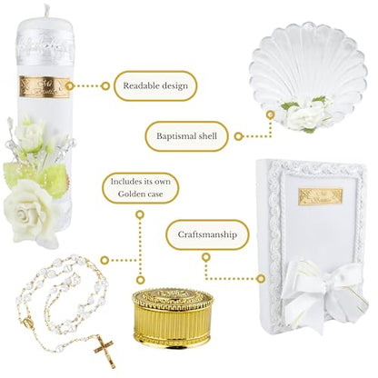 Complete Baptism Candle Set Unisex 5 pc | Baptism kit Catholic with Rosary - color: White